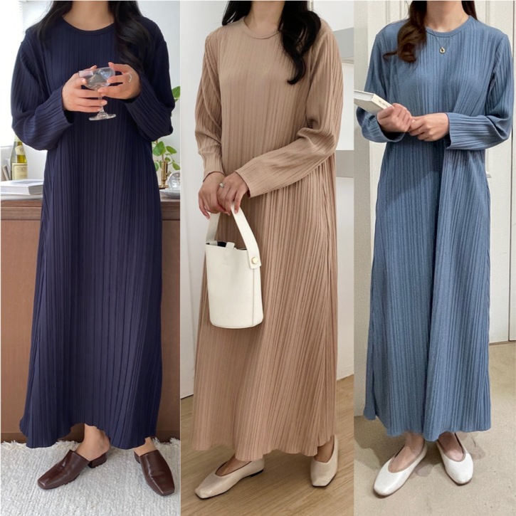 핏몬 여성 챠르르 플리츠 봄 가을 긴팔 롱 원피스