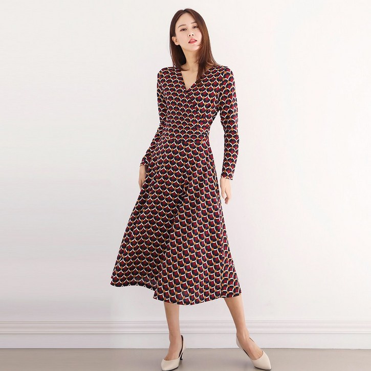 프롬코 여성 긴팔 랩스타일 옆셔링 롱 원피스 FRC122