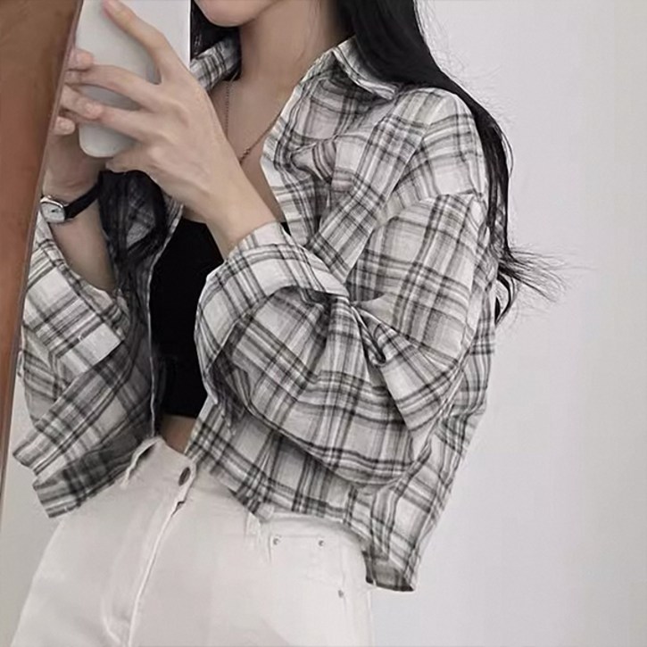 라라홀리 올데이 유니크 크롭 체크 루즈핏 긴팔 셔츠