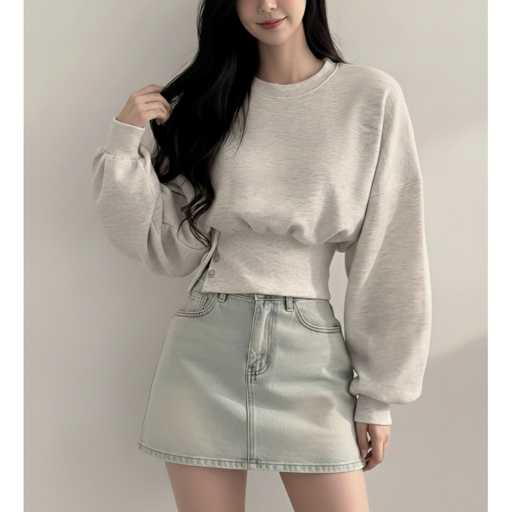 파스치노 여성 라운드넥 허리 단추 크롭 맨투맨