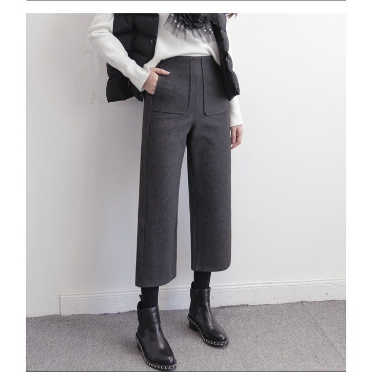 시크온미 여성 8부 와이드 팬츠 모직 통바지 겨울 출근룩 키작녀 블랙 44 부터 77