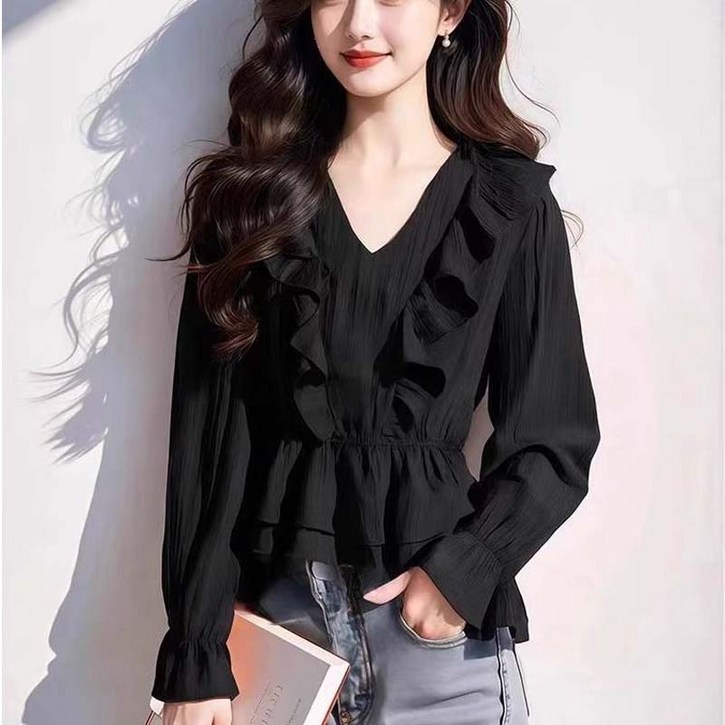 AOKADA 여성 봄 가을 브이넥 플리츠 프릴 레이어드 오피스룩 하객룩 긴팔  셔츠 블라우스