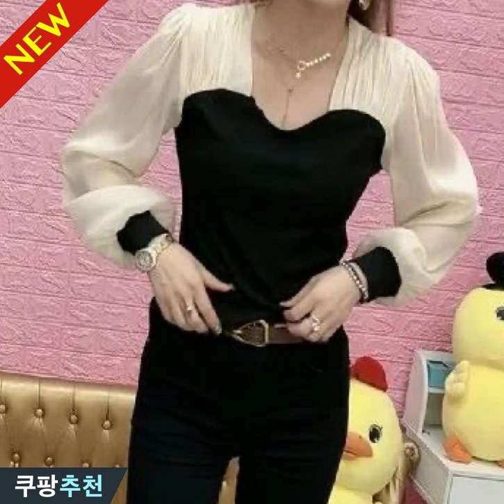 (25년 신상) 80kg까지 빅사이즈 여성 프렌치 패치워크 퍼프 슬림핏 날씬해보이는 긴팔티 티셔츠 봄 가을 편한 고급 빈티지 기질 단아한 패션 독특한 셔링 디자인 숙녀 이쁜 티