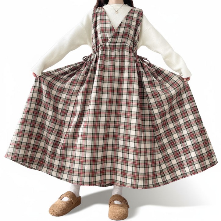 55120 빅사이즈 가을 겨울 타탄 체크 뷔스티에 롱원피스 스트링 조절