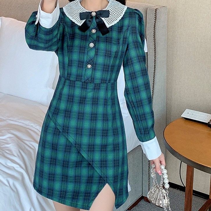 비비에모 퍼프소매 사선랩 트임 체크 미니 정장 원피스 00965