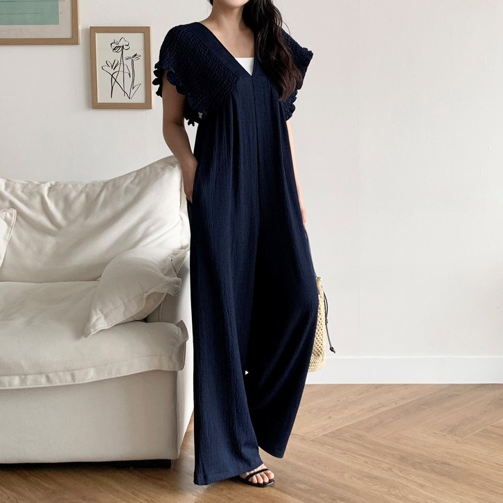 더한땀 여성 썸머 날개 반팔 스판 와이드 점프슈트