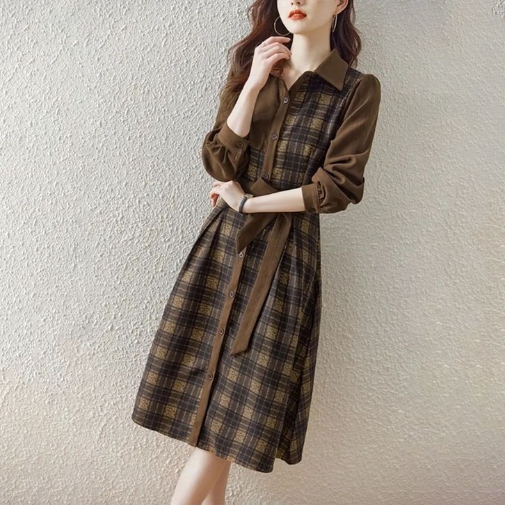 ZIGODAG 가을 체크무늬 벨트 원피스 여성용 긴팔 클래식 셔츠 체크 셔링 원피스 ZKYYBD51475