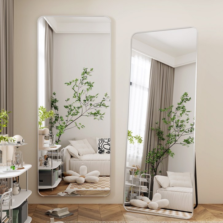 뷰티피크 라운드형 3in1 스탠드 벽걸이 거치형 강화 안전 유리 전신거울 400mm, 실버