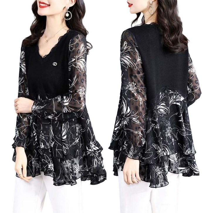 ROYALBELLE 여성 고급 패션 쉬폰 프릴 상의 세련된 브이넥 플라워 블라우스 Y031821