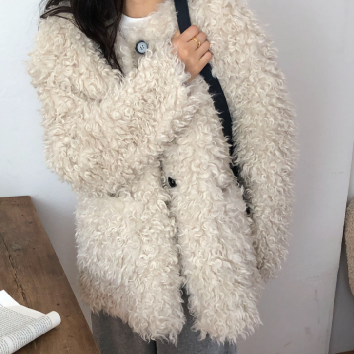 서진맘 여성 빈티지 루즈핏 부드러운 뽀글이 인조퍼 솜 코트 자켓