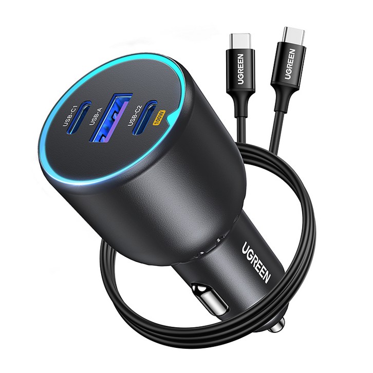UGREEN 유그린 130W PD QC 3포트 시거잭 차량용 멀티 고속충전기 CCU,1m CC 100w 케이블 세트, Black