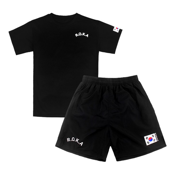 SET 쿨링 로카 반팔티 검정 1P 태극기 로카 반바지 검정 1P ROKA 쿨티셔츠 등산 헬스 반티 운동회