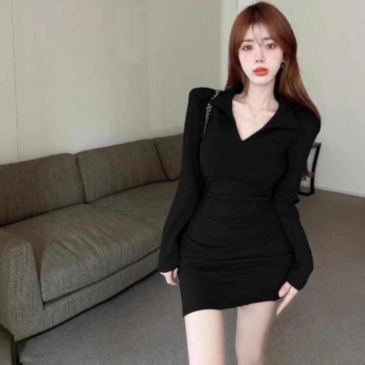 감성갤러리 카라 브이넥 긴팔 셔링 골지 미니 원피스 데이트룩 데일리룩 하객룩 SC004