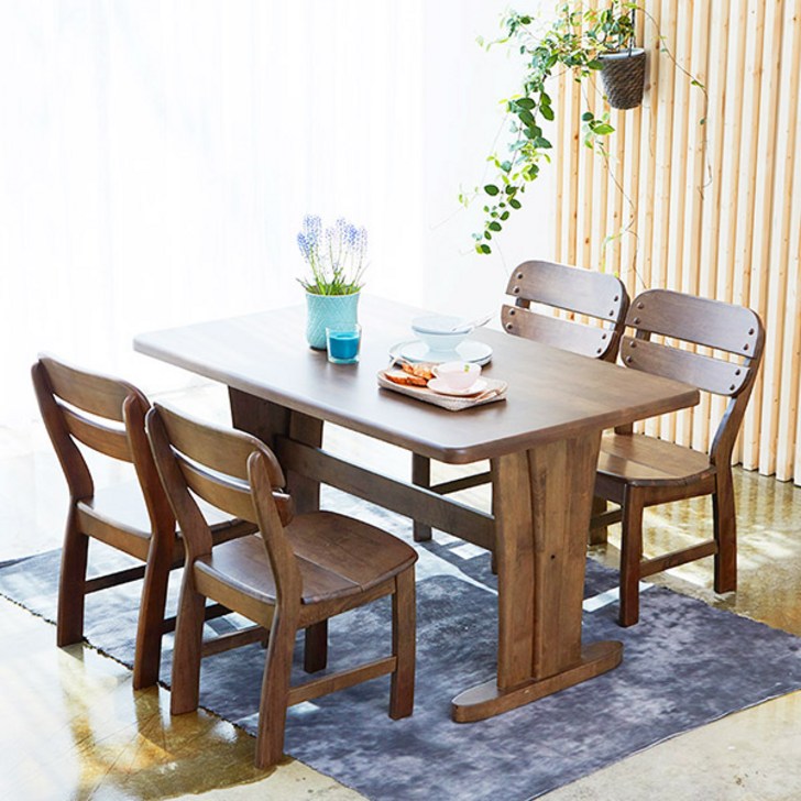 베스트리빙 오츠카 다빈치 1350 우드슬랩 고무나무 4인용 원목 식탁 테이블세트식탁의자4개 2colors, 월넛