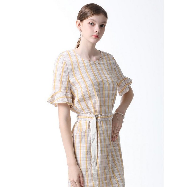 이앤씨 린넨 체크 벨티드 원피스  택가격  299000원