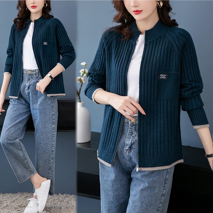 ORZQU 봄가을 여자 슬림핏 솔리드 숏 집업 니트 맨투맨 후드 카디건