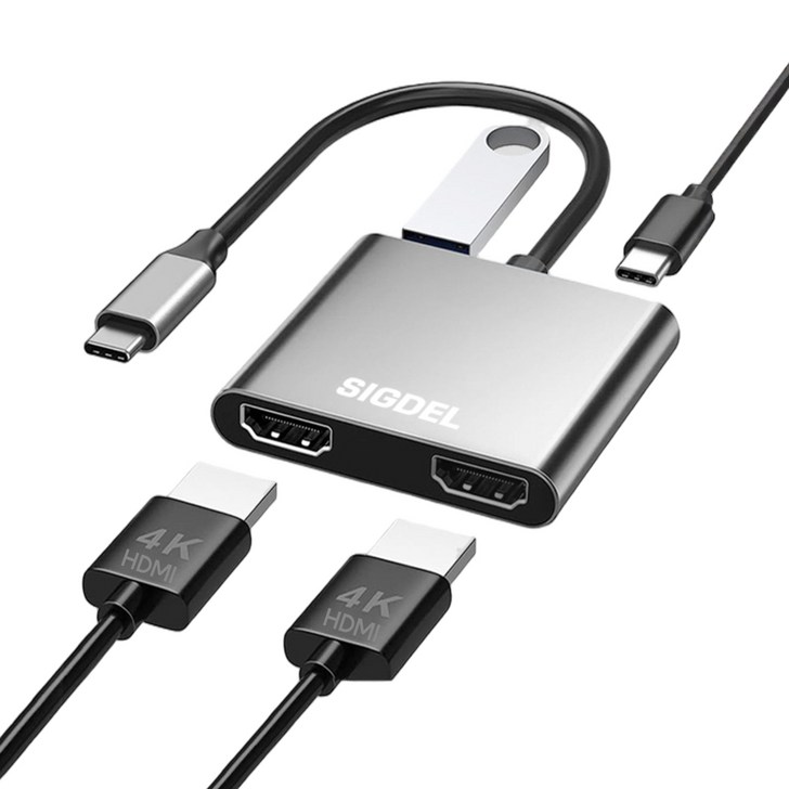 시그델 C타입 C TO HDMI 4in1 듀얼 모니터 2대 확장 3분할 연결 화면 분배기 4K 멀티 USB 3.0 PD90W 노트북 컴퓨터 젠더 허브 M01, 메탈실버, 1개