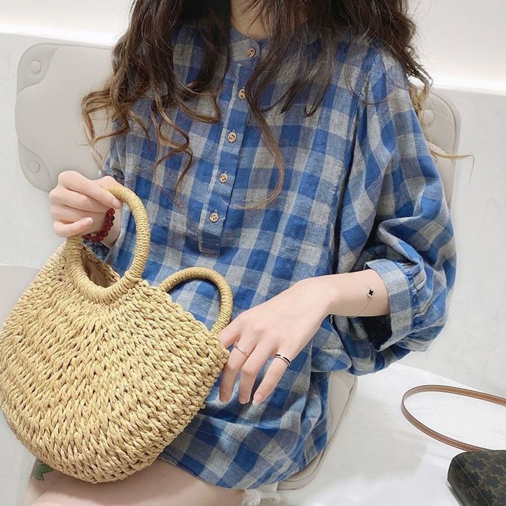 ROYALBELLE 여성 라운드넥 체크 셔츠 7부소매 루즈핏 데일리 캐주얼 가오리소매 셔츠 I081908