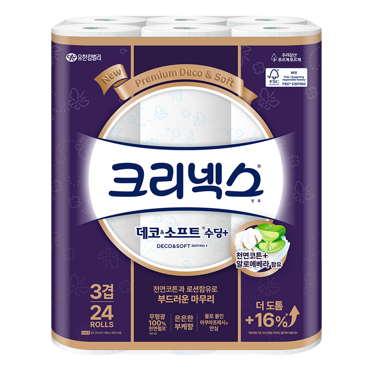 크리넥스 데코 앤 소프트 수딩플러스 천연펄프 3겹 고급롤화장지, 27m, 24개입, 1개