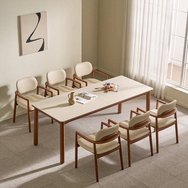 루시드퍼니처 샤를 세라믹 원목 식탁 6인용  의자6p 세트 방문설치, 샌드베이지  월넛식탁, 베이지  월넛의자, 일반의자 6