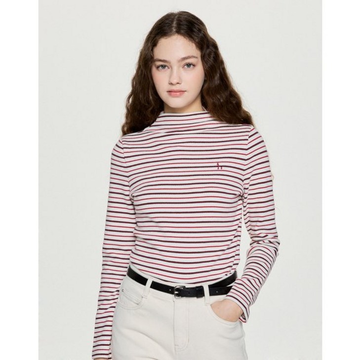 헤지스레이디스 25FW 하프 터틀넥 스트라이프 티셔츠 크림 HSTS5CR 2466332