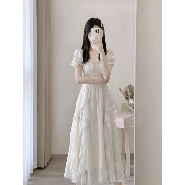 스타일닥터 스커트 여성 봄 퍼프소매 롱원피스 프렌치 레이어드 디테일 휴양지 데일리룩 화이트 루즈핏