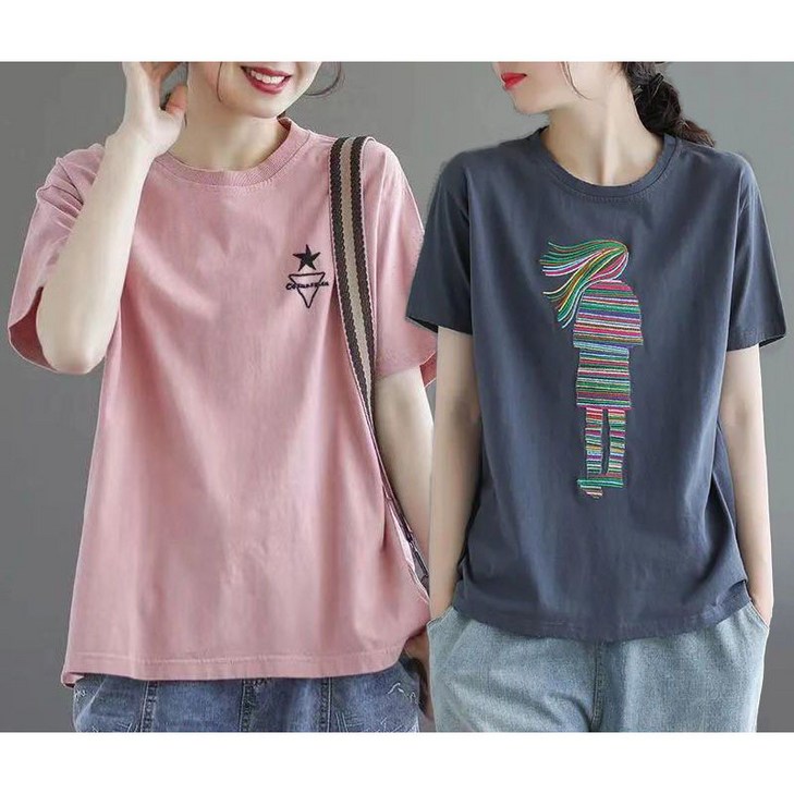 모르고몬 여성용 루즈핏 라운드 자수 반팔 티셔츠 2P 모르고몬 여성용 루즈핏 라운드 자수 반팔 티셔츠 2P