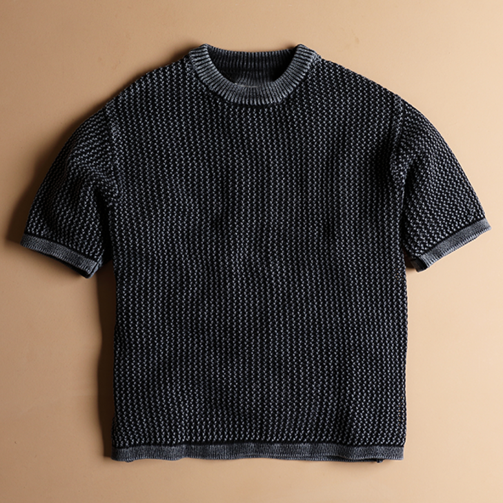 앙고라니트 [MAHUUM] (이벤트 화이트 면 티셔츠 증정) 남자 반팔 꽈배기 오버핏 라운드 knit 예쁜 봄여름가을 간절기 줄무늬 면 라운드 니트티