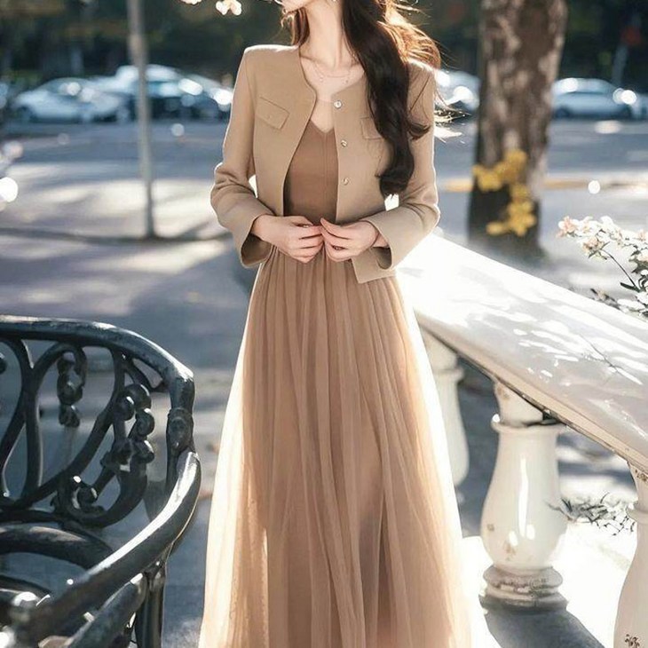 FANSYLI 여성 투피스 세트 고급 결혼식 하객룩 숏 자켓 롱 원피스 세트 면접룩 오피스룩 X2603M19