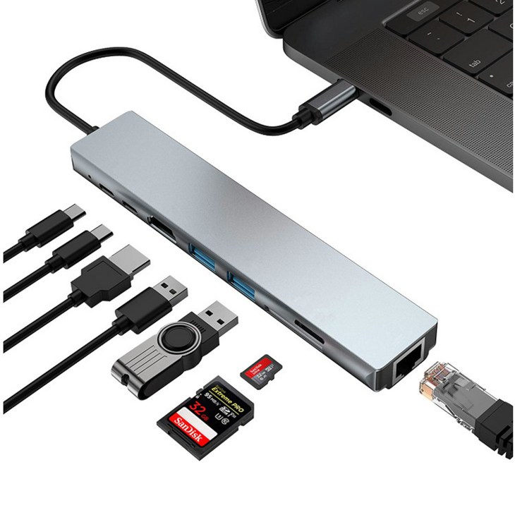 아이오네우스 8포트 5포트 타입 C 허브 USB3.0 이더넷 4K 멀티 허브 HDMI 이더넷 TFSD HUB, 실버