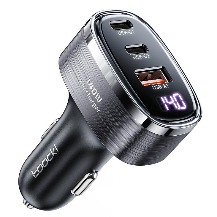 TOOCKI 2C1A 3포트 140W LED 차량용 미니 시거잭 초고소 충전기, 그레이