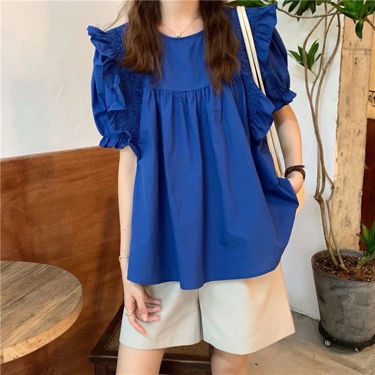 여성 여름 라운드넥 프릴 반팔 퍼프소매 프렌치 시크 러블리 귀여운 루즈핏 블라우스 티셔츠