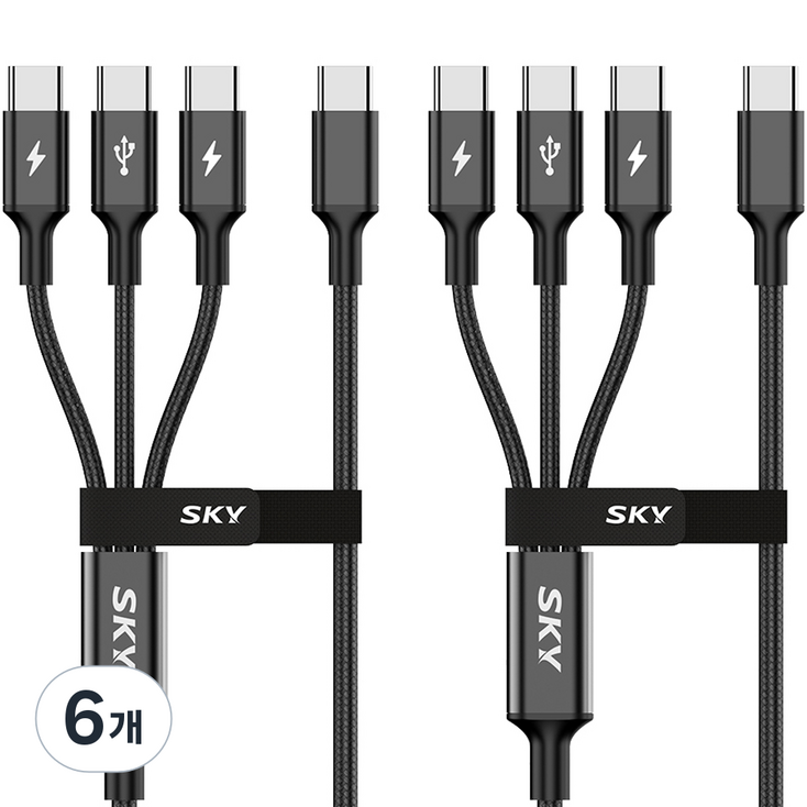 SKY 비트 60W 3in1 C to C타입 고강도 패브릭 멀티 고속 충전 메탈 케이블, 200cm, 블랙, 6개