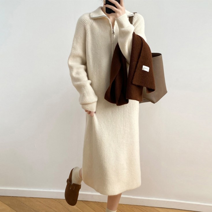 구디프 여성용 루즈핏 겨울 데일리 하프집업 니트 롱원피스