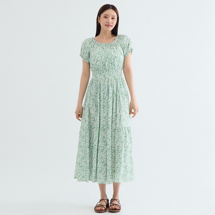 엘쏘 플라워 스모킹 허리밴딩 오프숄더 퍼프 플레어 캉캉 롱 반팔 원피스