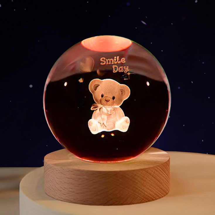 연하 크리스탈구 감성조명 색변환 무드등 8cm  선물박스, 만화곰