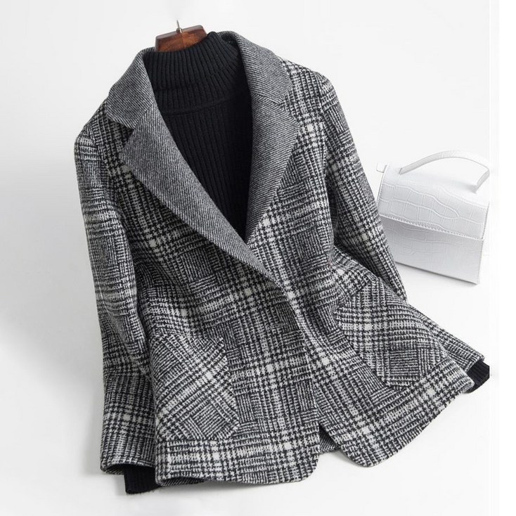 여성코트 양면 하프 오픈카라 모직코트 베이직 고급스러운 아우터 두꺼운 점퍼