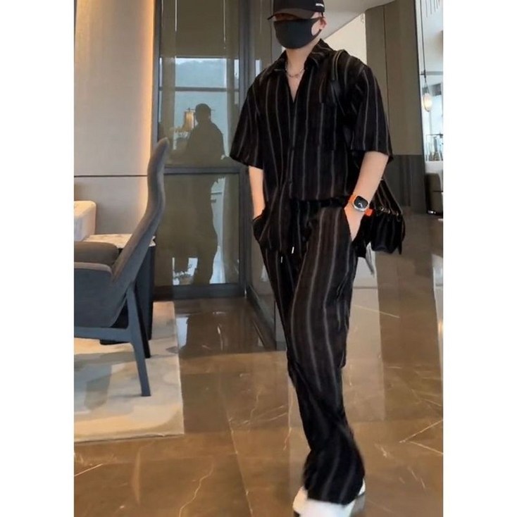 WEIHAN 남성 시원한 데일리룩 세트  린넨 스타일 반팔 셔츠  와이드 팬츠 바캉스룩