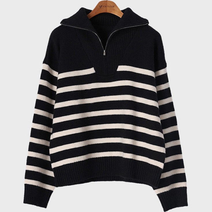 시크폭스 여성용 차슈너 스트라이프 니트 카라 반집업