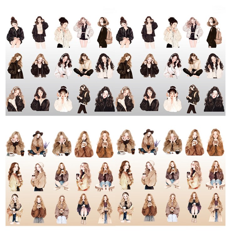올리브파티 마이라이프스토리 시리즈 인물 소녀 감성 다꾸 스티커 블랙 30p 브라운 30p 세트, 블랙, 브라운, 1세트