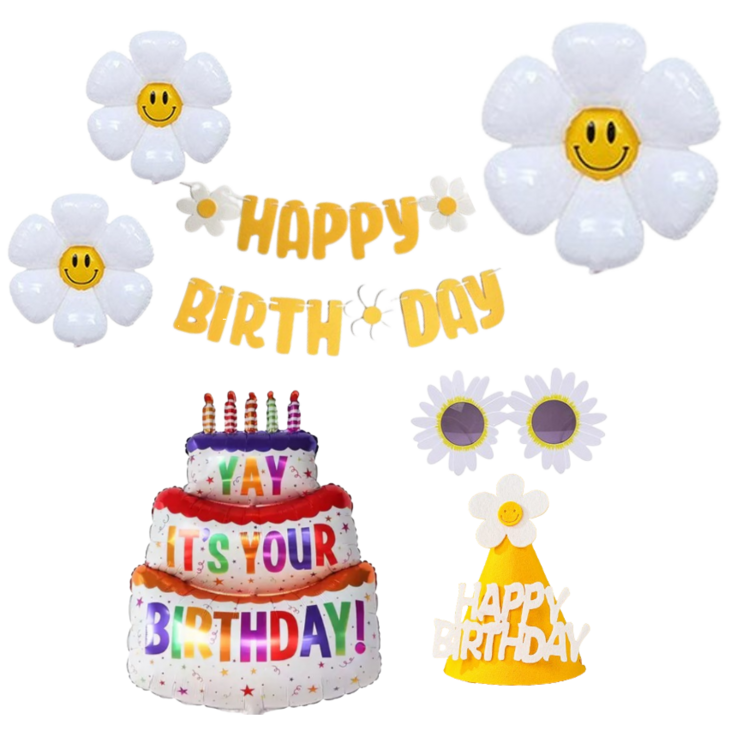연지마켓 생일파티 용품 세트 데이지 풍선 생일 가랜드 안경 고깔, 1세트, 14옐로우 캔들케이크