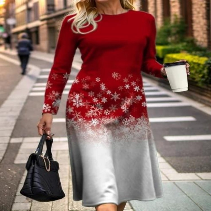 롱 원피스 오버 사이즈 빅 2023 크리스마스 여성 긴 소매 드레스, 3D 눈송이 프린트 A 라인 겨울 특대 파티 패션 의류 - 투데이밈