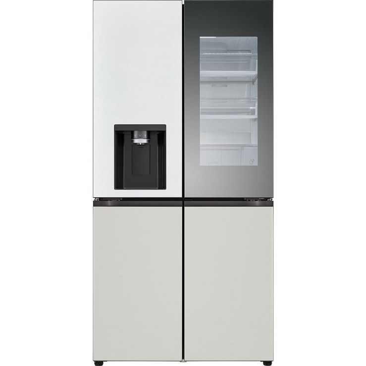 LG전자 오브제 디오스 4도어 양문형 얼음정수기 냉장고 메탈 노크온 방문설치, 화이트 + 그레이, W824MWG472S