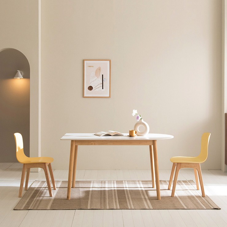 카도 통세라믹 1400 반타원 식탁  밀키의자 2p 2인용 방문설치, 식탁퓨어화이트, 의자옐로우