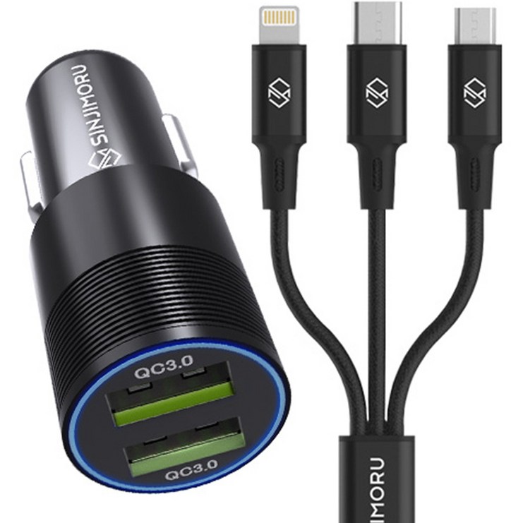신지모루 듀얼포트 차량용 USB 3.0 충전시거잭  메두사 3in1 멀티 충전 케이블 0.7m, 단일 상품, 시거잭혼합 색상, 케이블블랙