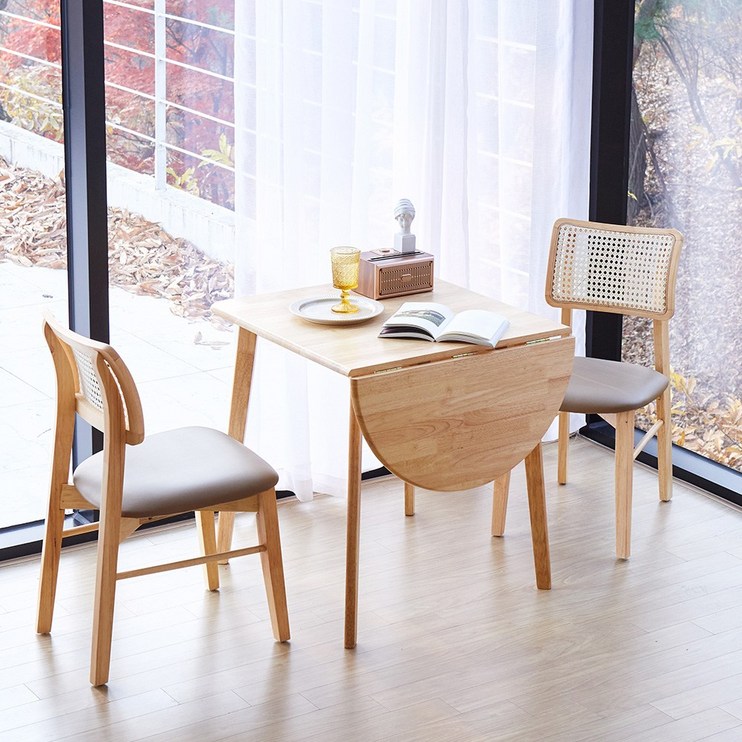 리비니아 크리미 데니라탄 드롭리프 접이식 확장형 원목 2인용 식탁테이블세트 사각 원형 선택 2Colors, 내츄럴