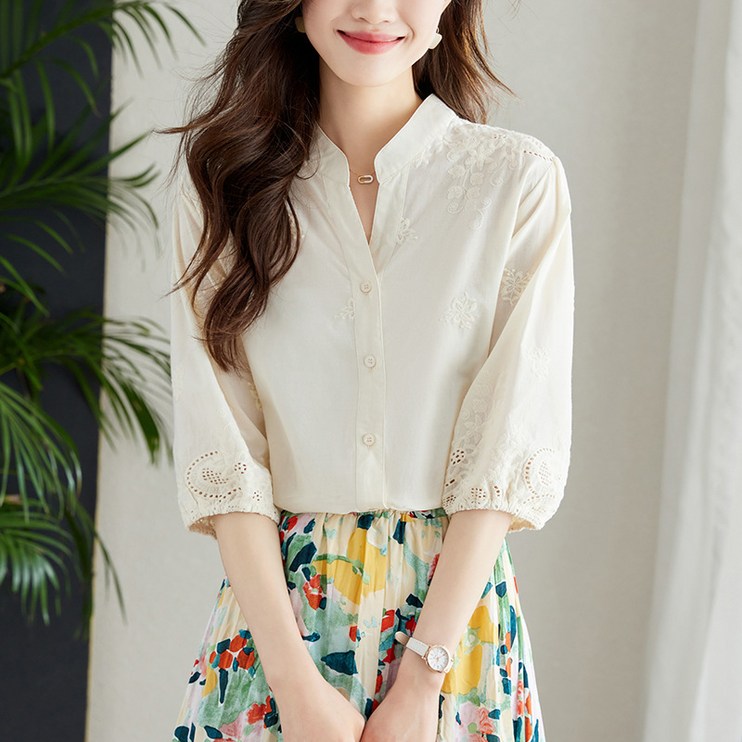 SAHINER 여성 라운드넥 레이스 포인트 7부 순면셔츠 SAHINER 여성 라운드넥 레이스 포인트 7부 순면셔츠