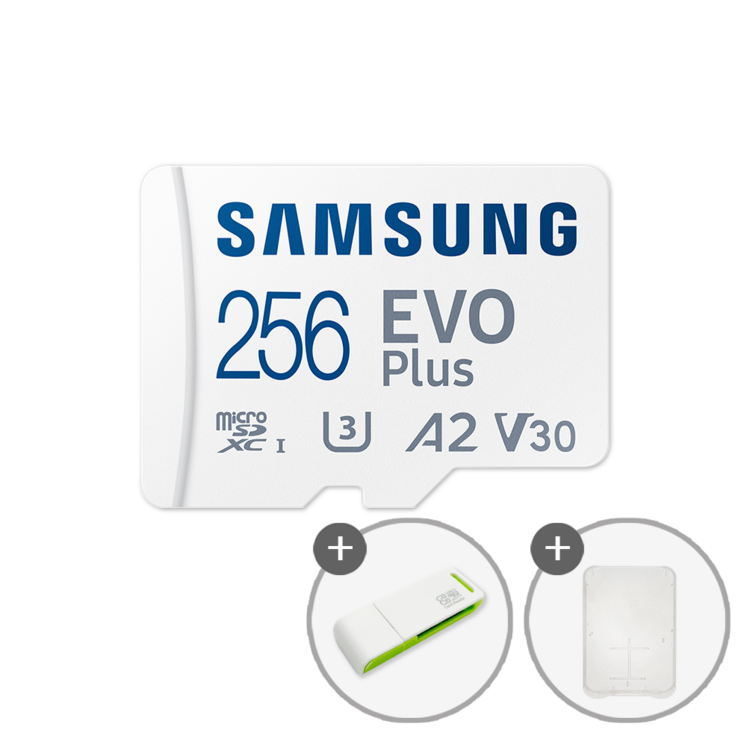 삼성전자 공식인증 정품 마이크로SD카드 EVO PLUS MBMC256SAKR  SD카드 케이스 및 이엘 연두 카드 리더기 USB2.0 2in1