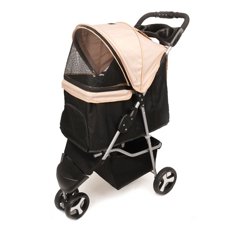 디토펫 반려동물 원터치 접이식 3륜 유모차, 블랙  베이지