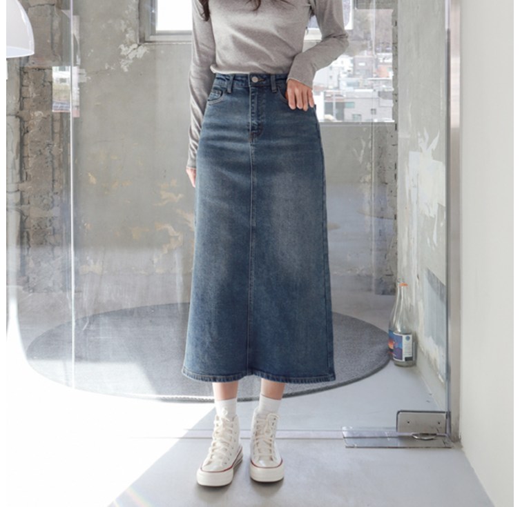 수비진 여성용 옆 트임 롱 데님 스커트 SP222